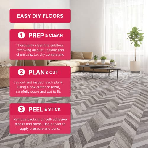 LUCiDA SURFACES Luxury Vinyl Flooring Tiles | Peel and Stick Floor Tile for DIY Installation | 36 Wood Look Planks | Grey Chevron | BaseCore | 54 Sq. Feet