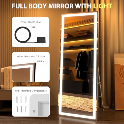 Image of pertetey 57X18 Inch LED Full Length Floor Mirror with Lights, Black Frame Lighted Dimmable & 3 Color Modes Full Body Dressing Standing Wall Mounted for Living Room, Bedroom