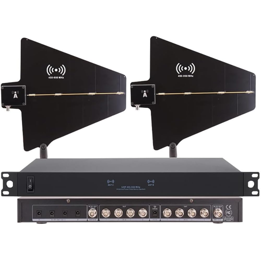 Sistema di distribuzione dell'energia per antenna UHF - Amplificatore di segnale microfono wireless con 2 alette per antenna, 8 porte di ingresso/uscita, gamma di frequenza 450-950 MHz per prestazioni