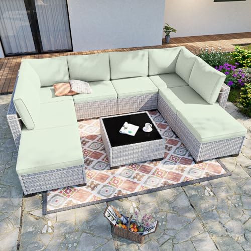 Image of Outdoor PE Wicker Rattan Modular Patio Sectional Sofa Set | 9-Piece: 6 Modular Seats, Coffee Table & 2 Ottomans, Light Green