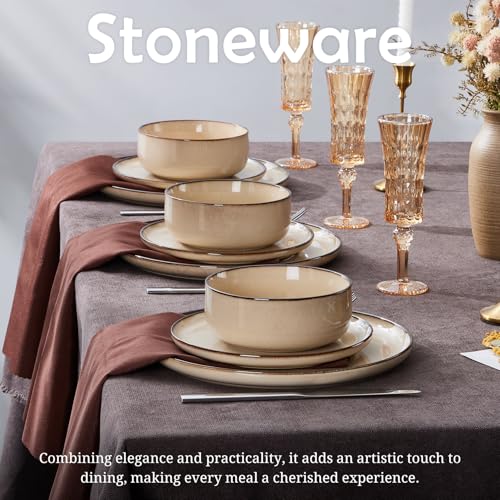 Homikit 18 Piece Dinner Set, Kitchen Stoneware Dinnerware Sets for 6 People, Included 6X Dinner Plates, 6X Side Plates and 6X Bowls, Non-Scratch, Dishwasher & Microwave Safe, Desert Khaki - Image 4
