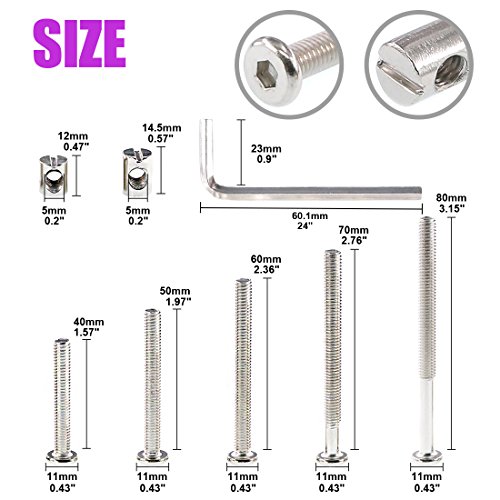 Swpeet 100Pcs Vis pour le matériel de literie, plaquées M6 × 40/50/60/70/80mm Vis de tête de socket Hex et noix de barils avec 1 x Clé Allen parfaite pour les meubles, les bottes et le lit bébé