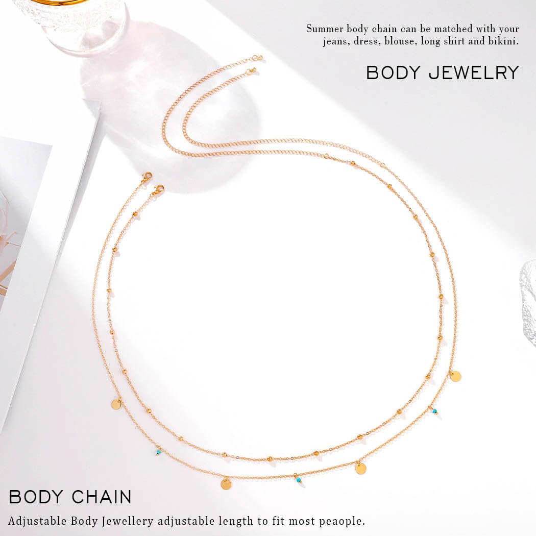Cadena de cintura bohemia con cuentas para el vientre, cadena de lentejuelas en capas, accesorios de verano para mujeres y niñas (dorado)