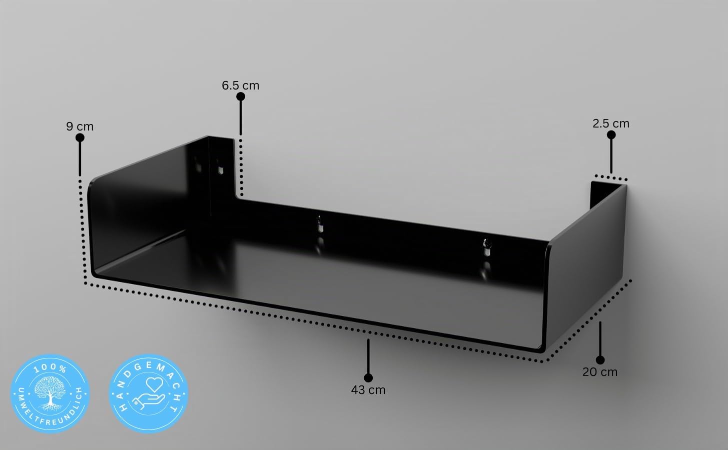CASSA KIVO Wandmontierte U-förmige schwimmende Bücherregale aus Metall für die Wand, 2er-Set, 43 cm x 20 cm Regal, Bücherregal für Schlafzimmer, Wohnzimmer, Büro, Badezimmer, Küche, modern (schwarz)