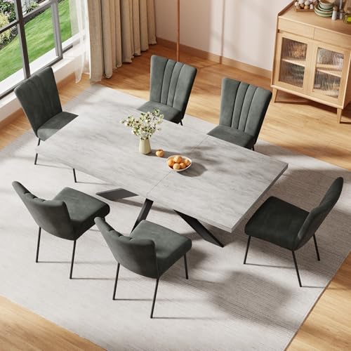 ZckyCine 6-Piece Extendable Dining Table Set, Modern 63''–79'' Grey Wood Table with 6 Grey Fabric Chairs, Dining Room Table and Chairs for 6, Ideal for Kitchen or Dining Room - Image 3