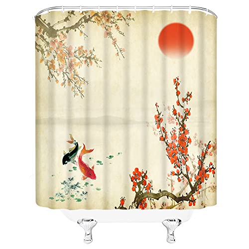 Asian Shower Curtain Japanese Cherry Blossom Koi Red Sun Oriental Traditional Ink Painting Nature Landscape Artwork Home Decor Fabric Bathroom Set With Hooks（70" Wx70 H） #TOP2