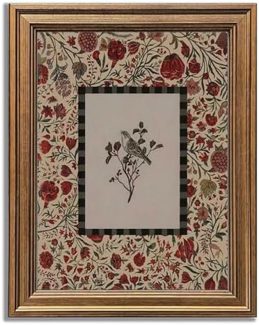 Gold Framed Vintage Botanical Bird Canvas Wall Art Retro Red Flor...