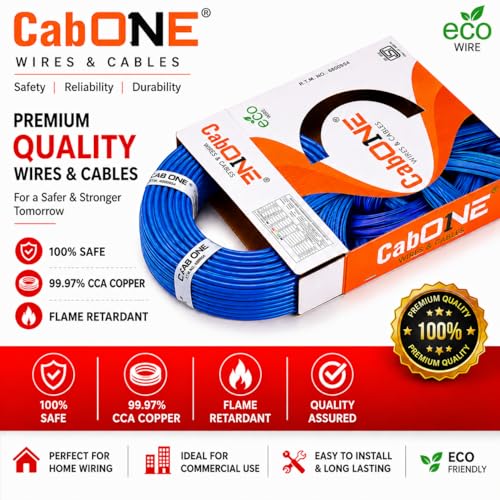 Image of CabONE 1.0 SQ.MM FR PVC Insulated Copper Electrical Wire, 90 Meter (Blue, Pack of 2) | ISI Marked Fire Retardant Single Core Cable for Home Wiring