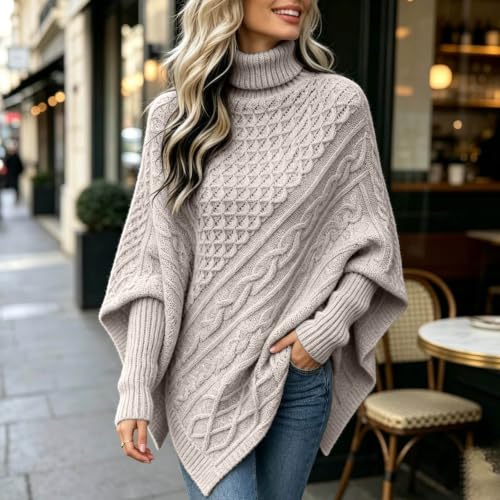 Poncho Sweater Women Turtleneck Cable Knit Oversized Casual Pullover Top - image 2