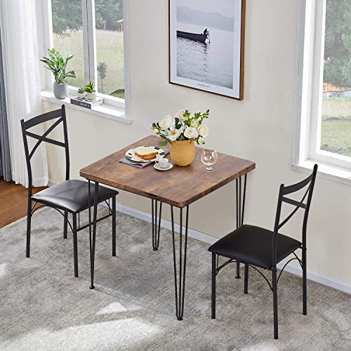 VECELO Dining Set Industrial Style 3 Pieces Kitchen Wood Table 2 Chairs with Metal Legs，Retro Brown and Black