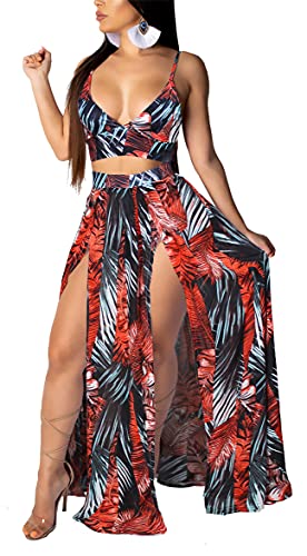 Image of Women Sexy 2 Piece Outfits Dress Chiffon Strap Deep V Neck Bra Crop Top High Split Maxi Dresses Skirt Set