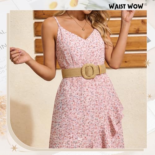 Image of Straw Woven Elastic Belt for Women Stretchy Belts for Dress Fashion Boho Waist Belt Rattan Raffia Ladies Belts
