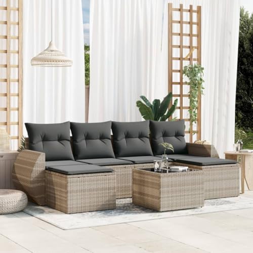 QJBSAVVA 7tlg. Gartenmöbel-Set Poly-Rattan Hellgrau 55x53x34 cm mit...