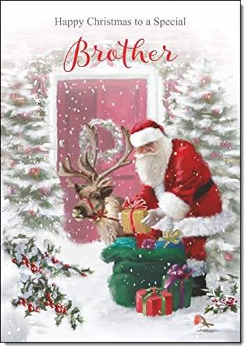 doodlecards Brother Christmas Card Santa with Parcels Medium Size with Plain Red Envelope