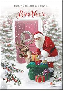 doodlecards Brother Christmas Card Santa with Parcels Medium Size with Plain Red Envelope