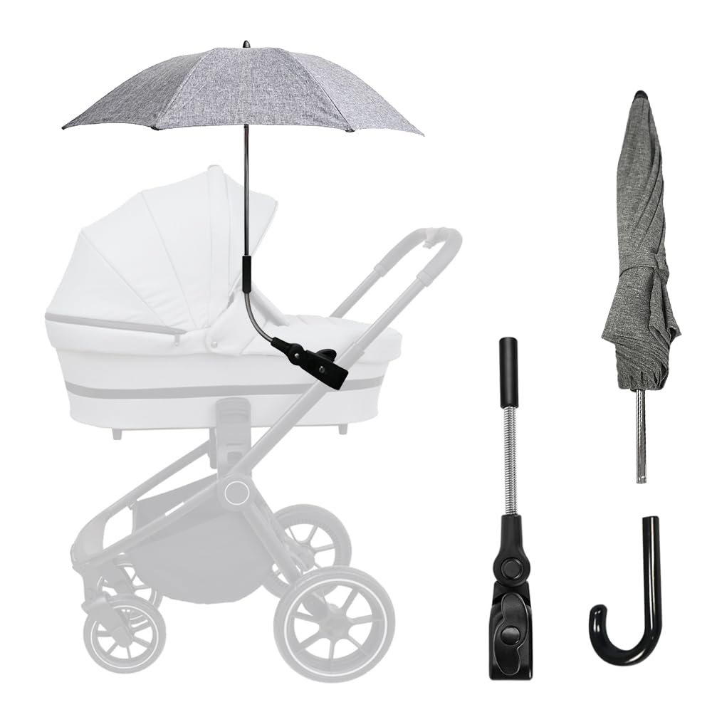 KUWUNG Sombrilla Carro Bebe Universal 50+ UV, Sombrilla Carrito Bebe con Manija 71cm Diámetro, Soporte para Tubos Redondos y Ovalados para Sombrilla Cochecito y Silla de Paseo Bebé