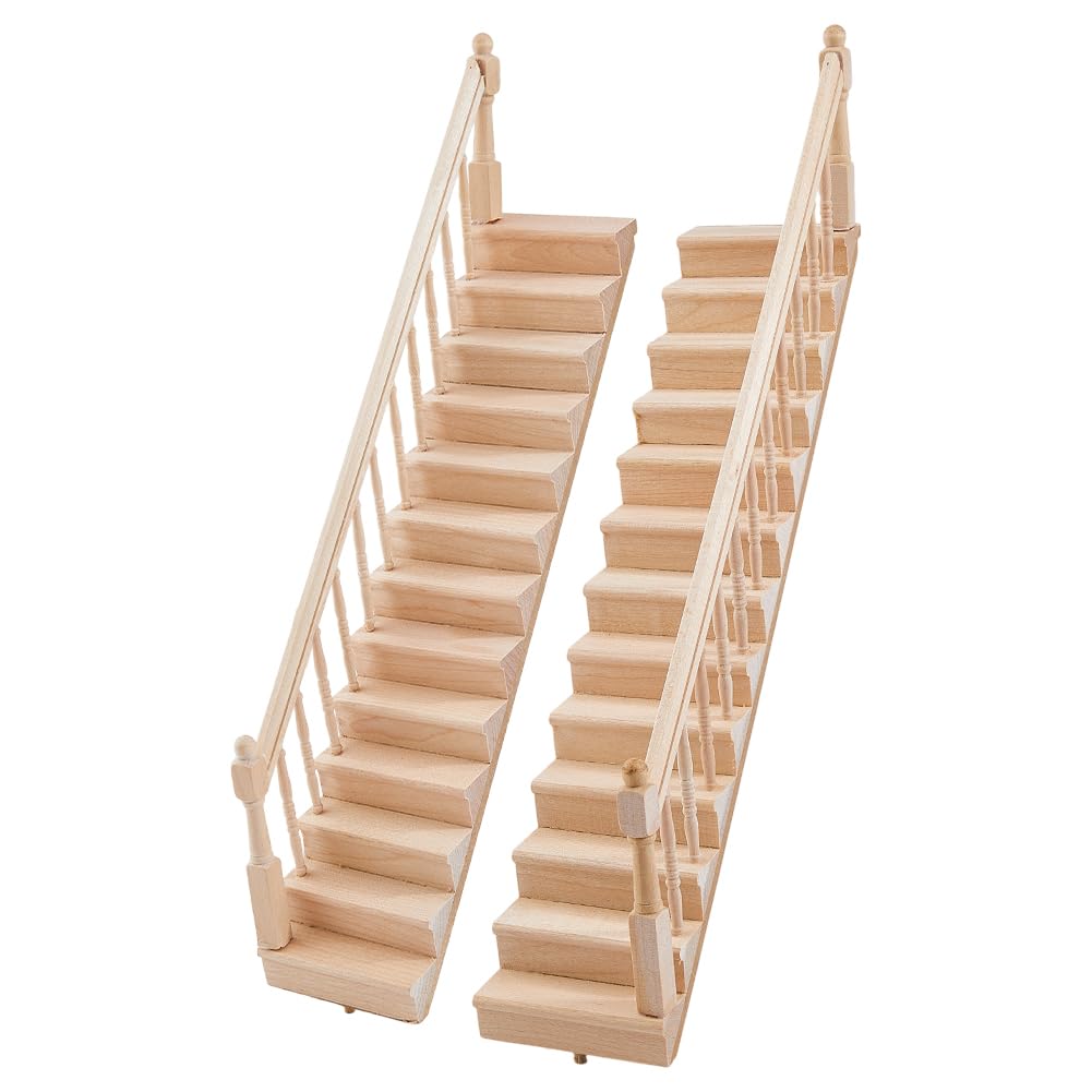 DICOSMETIC 2Pcs 2 Styles Miniature Dollhouse Stairs 1:12 Scale Wooden Stairs Miniature Ornaments Dollhouse Furniture Model Mini House Accessory for Scene Landscape Decor