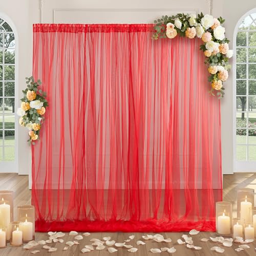 SiinvdaBZX 10FT x 10FT Tulle Backdrop Curtains, Red Sheer Tulle