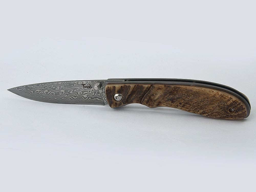 Damascus Acciaio Pieghevole Pocket Knife, 3.1 "lama con guaina in pelle, EDC coltello per il campeggio quotidiano all'aperto Strumenti di escursionismo Regali (4" Ram Horn Handle)