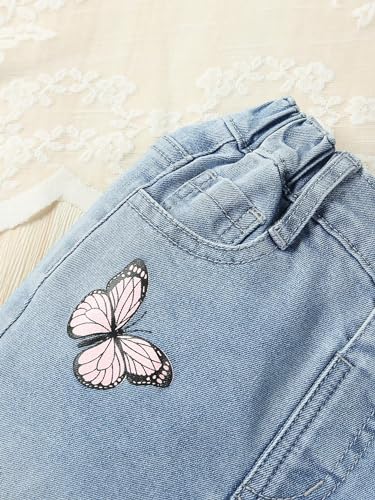 Floerns Girl's Butterfly Print High Waist Ripped Raw Hem Flare Leg Denim Jeans4