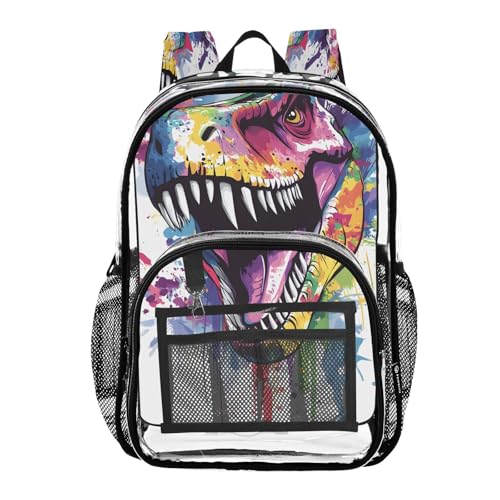 Colorful Dinosaur Painting Clear Backpack Heavy Duty See Through Transparent PVC BookBag for Kids Boy Girl School Work