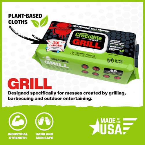 Image of Crocodile Cloth Grill Wipes, 640 Count (8 Packs) - Extra-Large 15 inch x 10 inch Plant-Based Cleaning Cloths, Safe on Skin & Surfaces, Pre-Moistened with Aloe & Vitamin E