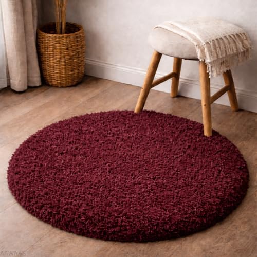 Image of Premium Polyester Shaggy Round Rug - Ultra Soft Fluffy Circle Carpet for Bedroom, Living Room, Kids Room, Anti-Skid Plush Floor Rug - (Maroon, 6 feet|180cm)
