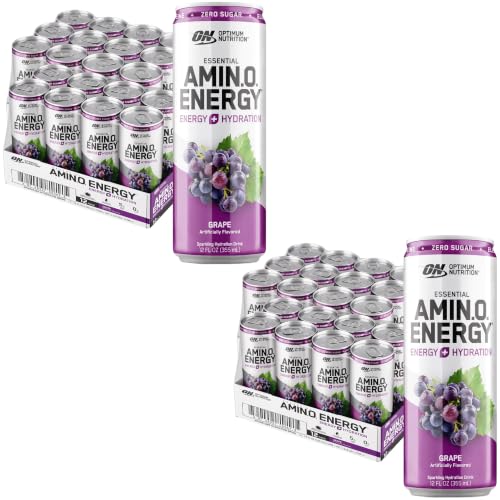 Optimum Nutrition Amino Energy Sparkling Hydration Drink, Electrolytes, Caffeine, Amino Acids, BCAAs, Sugar Free, Grape, 12 Fl Oz, (Packaging May Vary), 12 Count (Pack of 2)