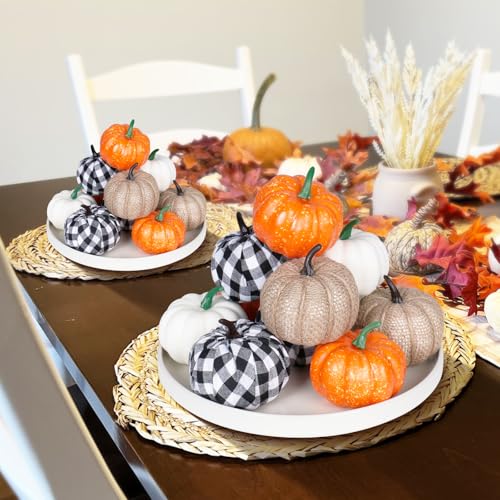 Image of Super Holiday 12PCS Artificial Pumpkins, 4 Colors Foam Faux Pumpkins Decoration for Fall Harvest Theme Party Wedding Halloween Thanksgiving Table Decor.