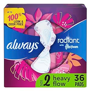 Always Radiant Feminine Pads for Women, Size 2 Heavy, with wings, scented, 36 count