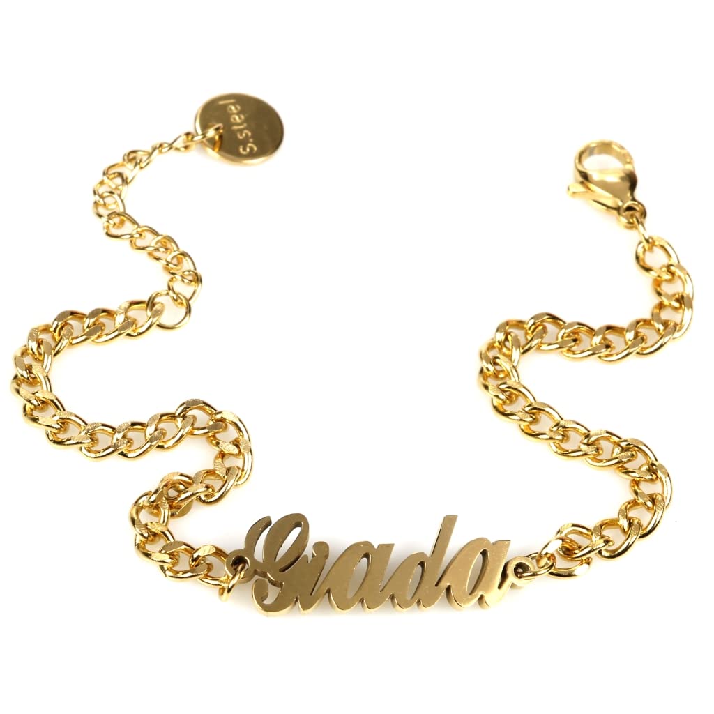 Flowers Bracciale in Acciaio con Nome in Corsivo Disponibile in Due colorazioni Dorato e Argentato