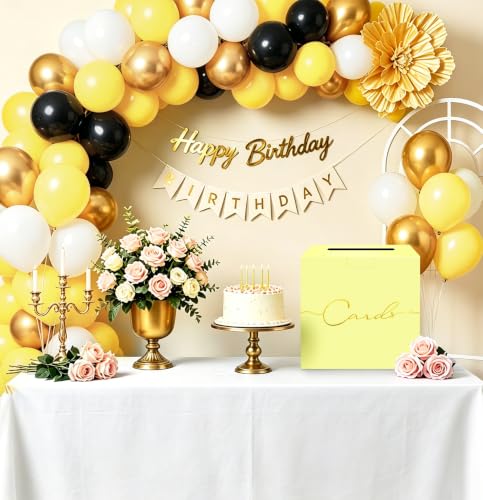 Image of HEIPINIUYE Yellow Wedding Card Box with Gold Foil 9.8 inch x 9.8 inch Yellow Large Gift Card Box for Party Wedding Reception Graduation Birthday Baby Shower Cardboard Raffle Envelope Box with Slot