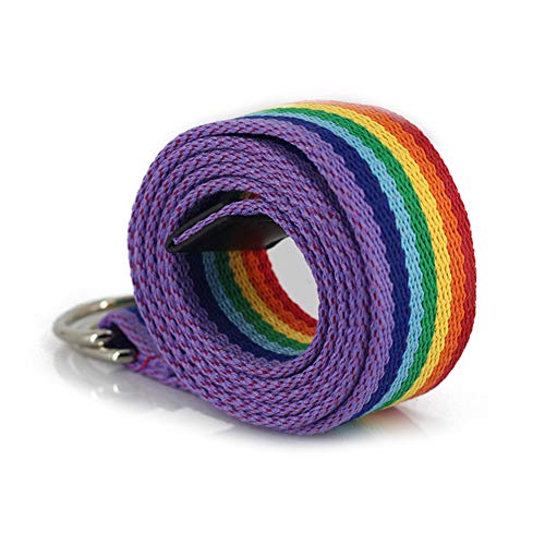 Aibearty Canvas Web Double D Ring Plaid Belt Silver Buckle Long Waistband For Women Men Teens (Rainbow) #TOP1