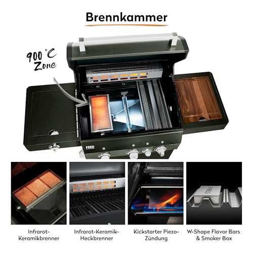 Seitliche Ansicht des BURNHARD Grills mit faltbaren Tischen - Detailansicht von BURNHARD Gasgrill 3-Brenner 900°C Test �...