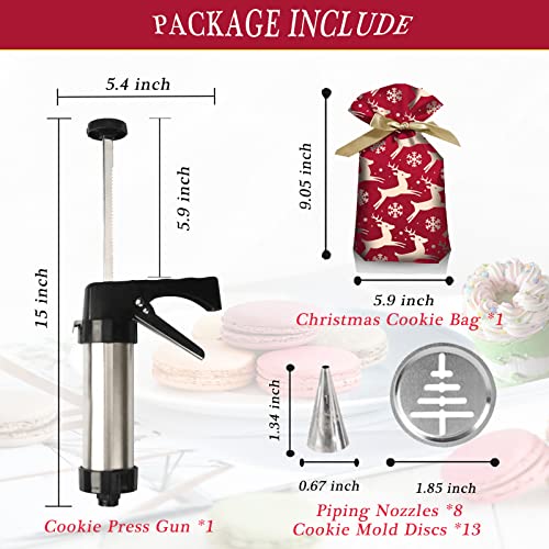 Cookie Press,Cookie Press Gun Kit,Stainless Steel Cookie Press Gun+13 Cookie Mold Discs+8 Piping Nozzles+Christmas Cookie Bag,Cookie Press with Christmas elements is suitable for DIY biscuits