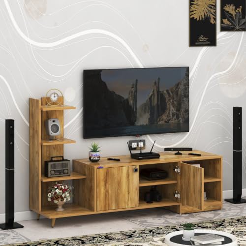 Image of Anikaa Moracca Engineered Wood Floor Standing Modern TV Unit with Side Shelves and 2-Door Cabinet & Open Storage Box Up to 43 inch Entertainment Units | For Living Room-Giantwood Finish | DIY-Installation