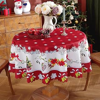 auons Christmas Tablecloth Round 60 Inch, Snowflake Red Washable Table Cloths Christmas Decor, Waterproof Chrismtas Table Cover for Dinner Table Holiday Party Picnic