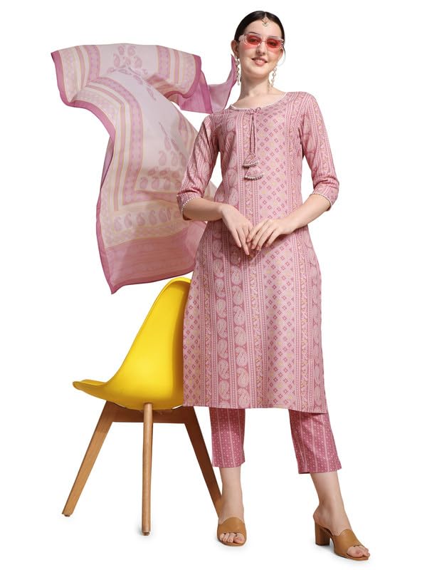 Image of NAINVISH Cotton Blend Kurti Pant & Dupatta | Kurta Set for Women | Women Kurta Pant Dupatta Set | Pink Kurta Set for Women | Printed Kurta Pant Dupatta Set