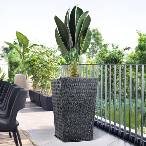 Image of Kuber Industries 16-Inch Roto Mould German Polymer Extra Large Big Size Flower Pot | Indoor /Outdoor Tree Gamla Planter for Living Room, Resorts, Hotels, Terrace & Garden | Marble Matrix Tower - Black