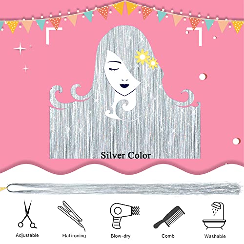 Silver Hair Tinsel Kit With Tools 1200 Strands, Hair Tinsel Heat Resistant Fairy Hair Tinsel Kit 47 Inch, Sparkling Glitter Tinsel Hair Extensions Hair Tensile For Halloween Christmas New Year Party (Shining Silver) #TOP3