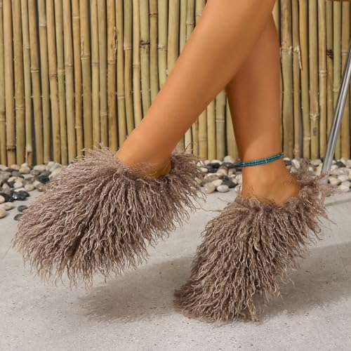 Image of Unisex Fuzzy Faux Fur Slippers, Women's Fluffy Long Hair Sheep Faux Fur Slip on Slides, Girls Luxury Big Fluffy Outdoor Flat Slippers, Long Curly Hair Non-Slip Warm Home Slide Shoes