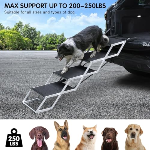 SDLDEER Hundetreppe Auto, Hunderampe Auto klappbar, Einstiegshilfe Hund Auto für alle Fahrzeuge nutzbar, Höhenverstellbar, Belastbar bis 80 kg (4 Stufen 70-90cm)