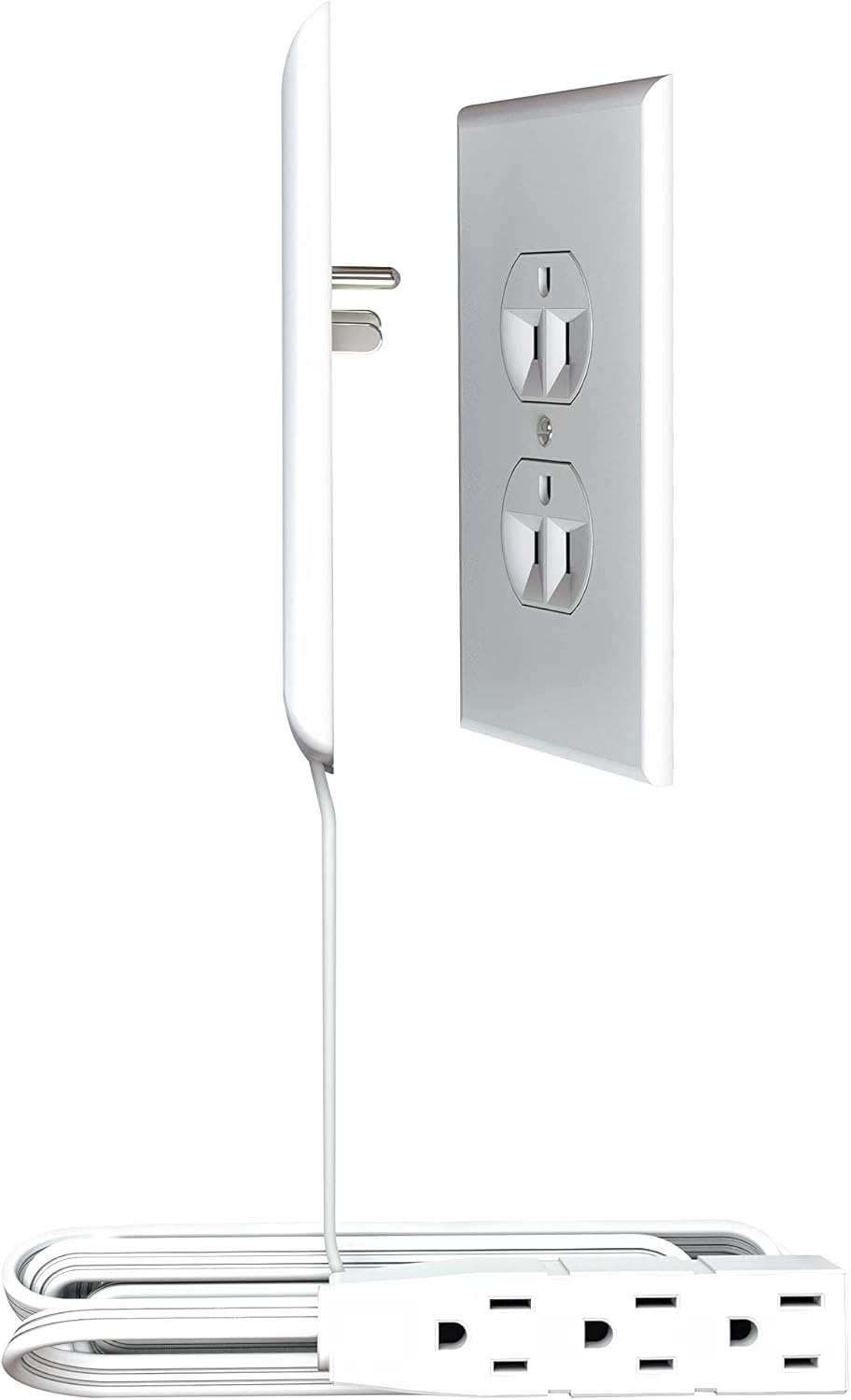 Sleek Socket for Inverted Outlets, Ultra-Thin Outlet w/Cord Concealer Kit, 3 Outlet Power Strip, 8-Ft Cord, Universal Size, UL Certified (for Round Ground Pin Above Flat Pins) image