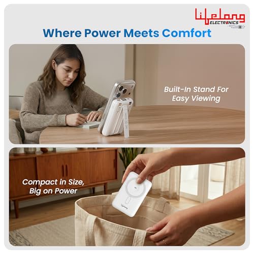 Image of Lifelong Electronics 10000mAh MagSafe Wireless Power Bank | 2 Cables - Lightning & Type C - for Wired Fast Charging | Powerbank for iPhone, iWatch and All Qi Enabled Phones & Devices | Display & Stand