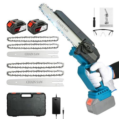 Mini motosierras con batería, sierra de podar eléctrica: 6 & 8 pulgadas batería motosierra de mano con 2 baterías 3000 mAh, 4 cadenas para corte de madera