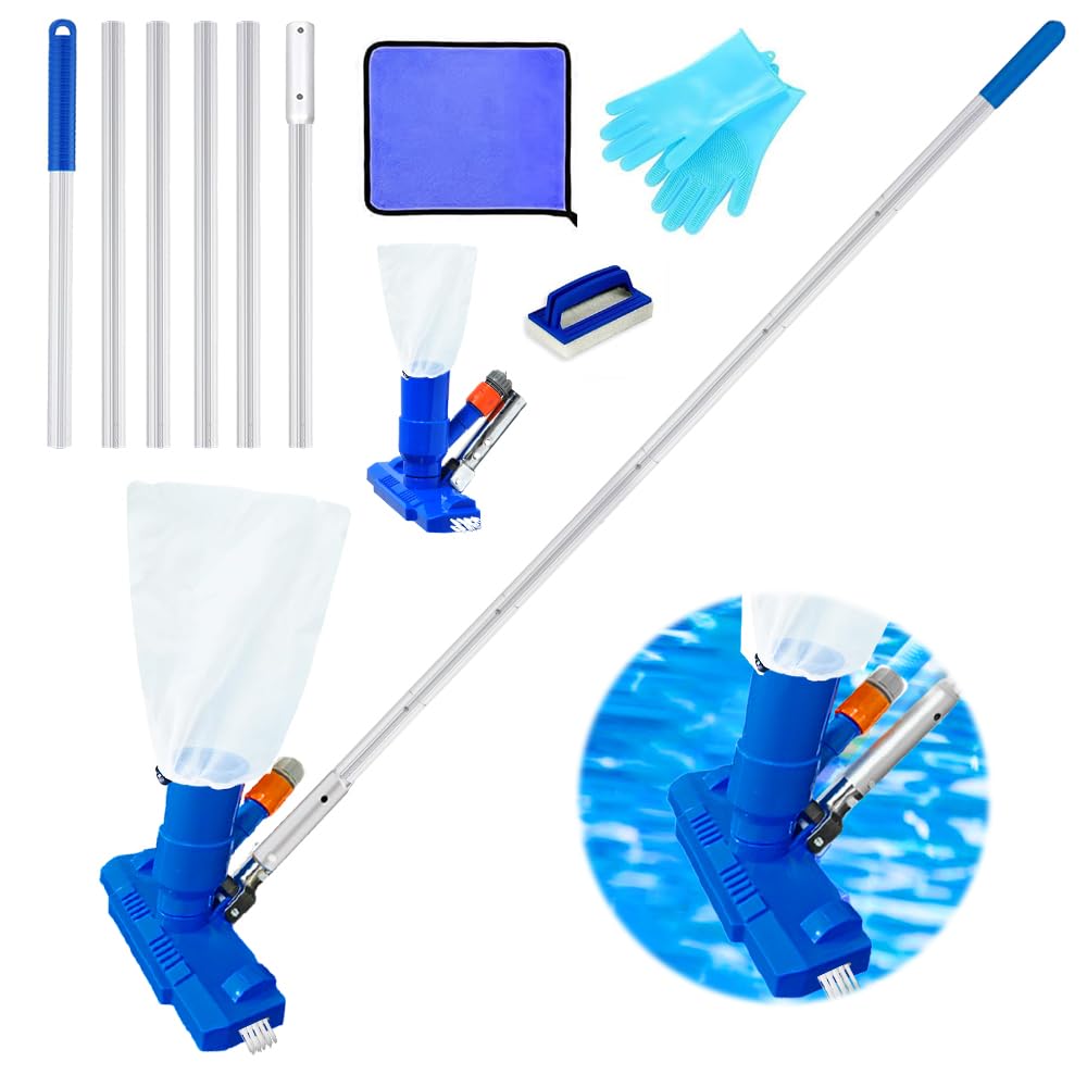 Limpiador Piscina Fondo,Aspirador Piscina,Kit Mantenimiento Piscina,Lncluye 6 Varillas Reforzadas-Conexión de hasta 2,1 M de Longitud-para Piscinas, Fuente, Hidromasaje