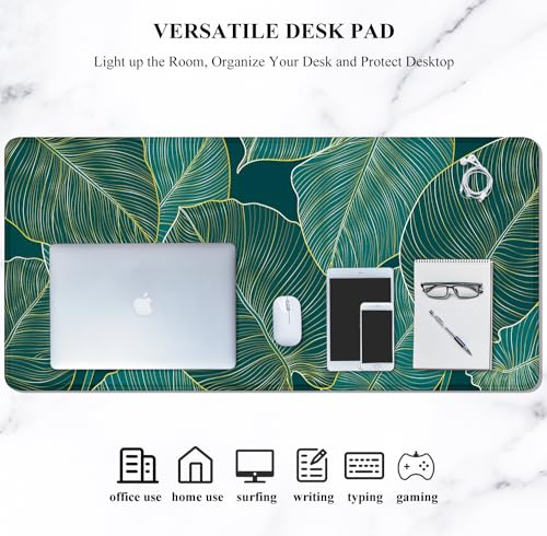 Image of Auhoahsil Desk Pad, XL Extended Large Gaming Mouse Pad 31.5 x 11.8 Inch, Waterproof Mousepad with Stitched Edge, Non-Slip Computer Keyboard Laptop Mat for Women Men Office Work, Teal Tropical Leaves