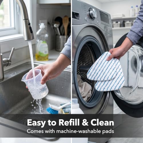 Image of OVENTE Electric Steam Mop Cleaner, 1300W, 350ml Water Tank, White ST405W | With Swivel Head, Washable Microfiber Pad for Cleaning Carpet, Hardwood, Laminate Floor, Tiles and Grout