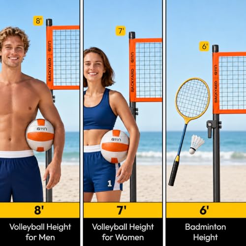 Image of A11N SPORTS Outdoor Volleyball and Badminton Combo Set - Includes Adjustable Height Anti-Sag Net, Volleyball, Air Pump, 4 Badminton Rackets, 2 Shuttlecocks, Boundary Line Marker, and Carrying Bag