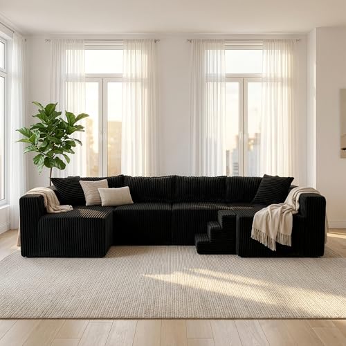 Image of Claiks 128 inch Modular U Shaped Couch, Sectional Deep Seat Sofa with Pet Stair, Black